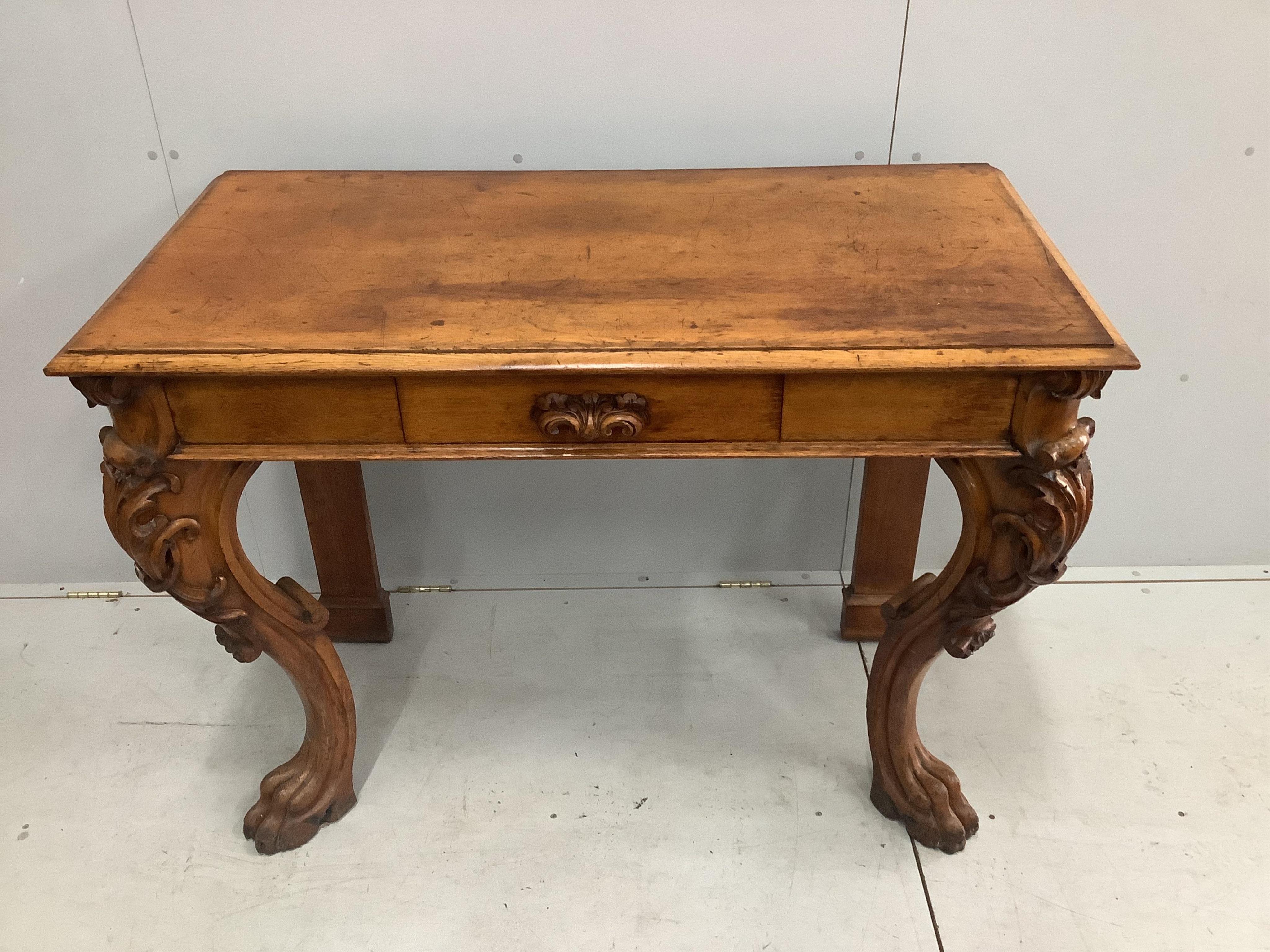 A Victorian golden oak serving table with frieze drawer, width 125cm, height 92cm. Condition - fair to good